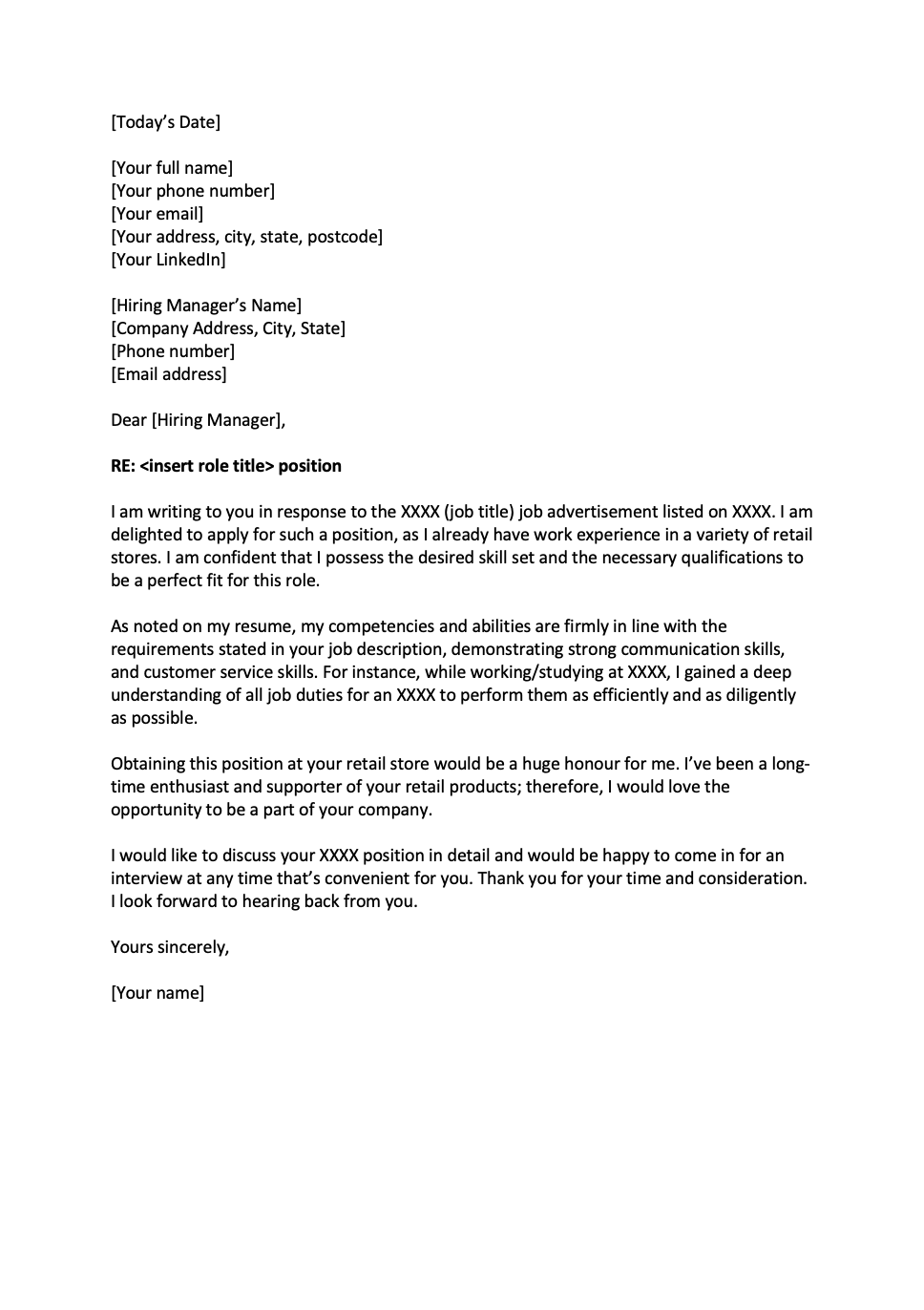 cover letter template for retail position
