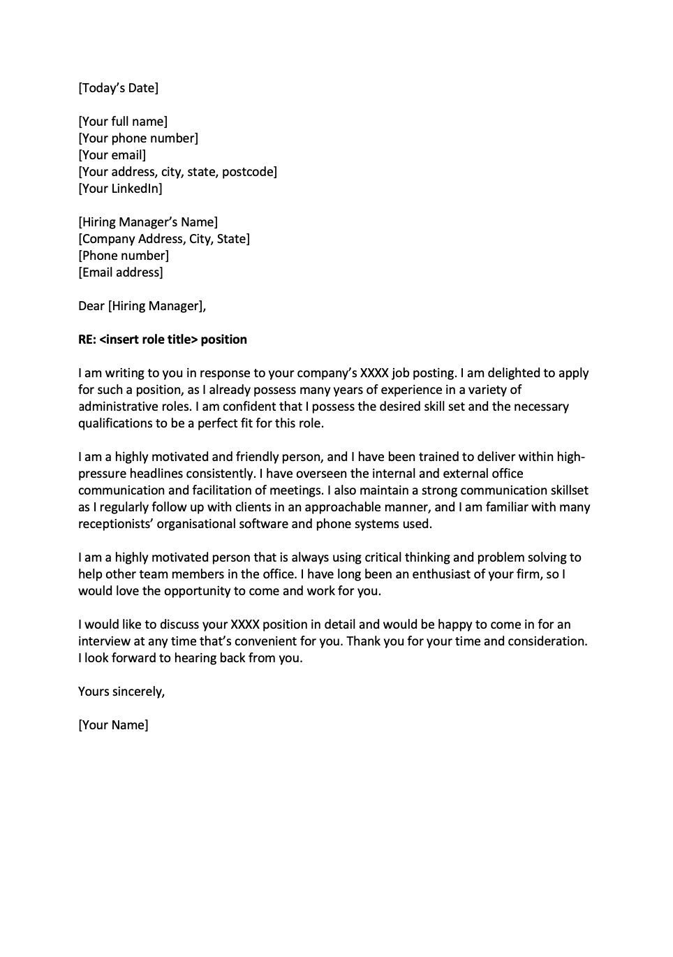 job application letter for a receptionist